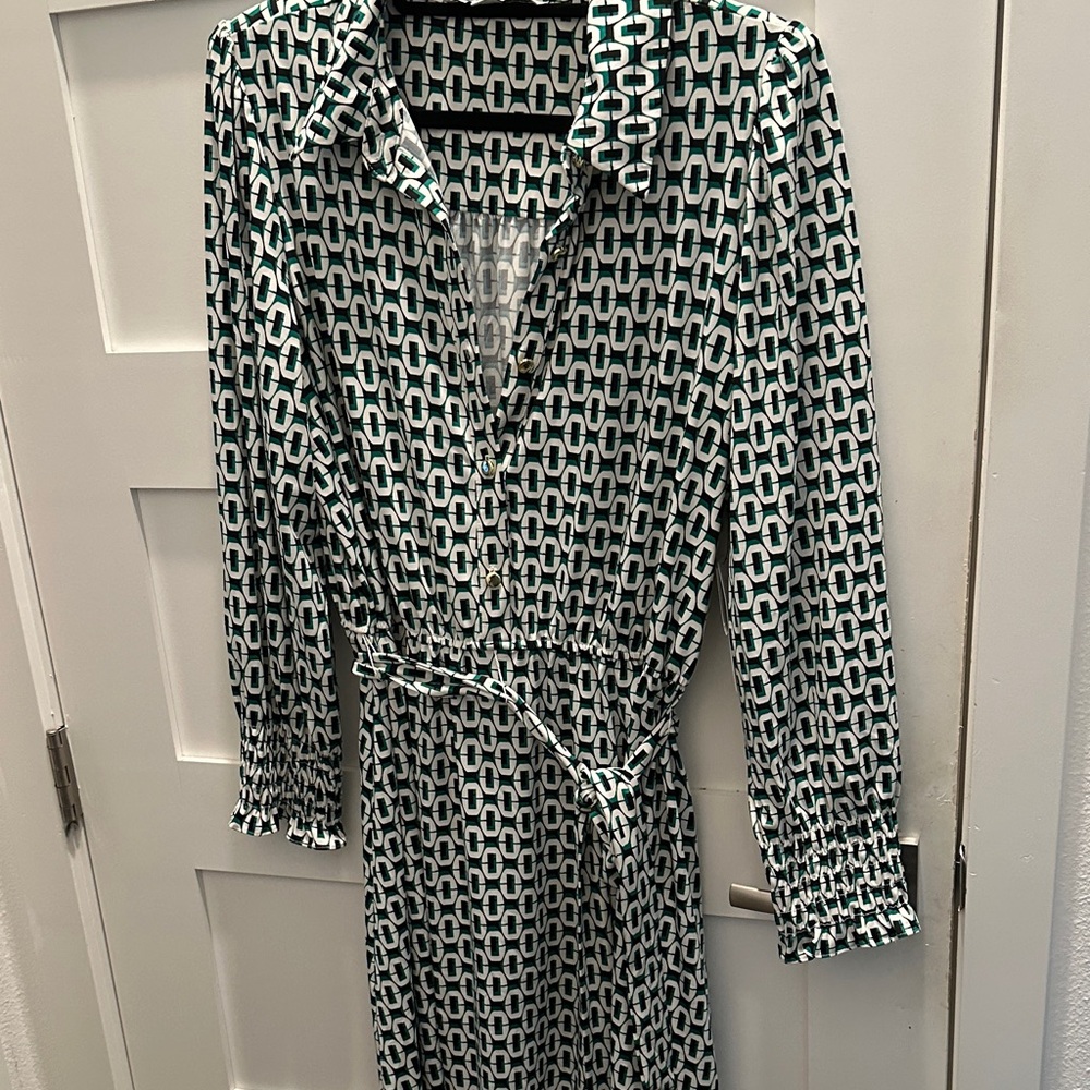 Green, Black & White Patterned Long Sleeve Button Front Tie-Belt Dress
